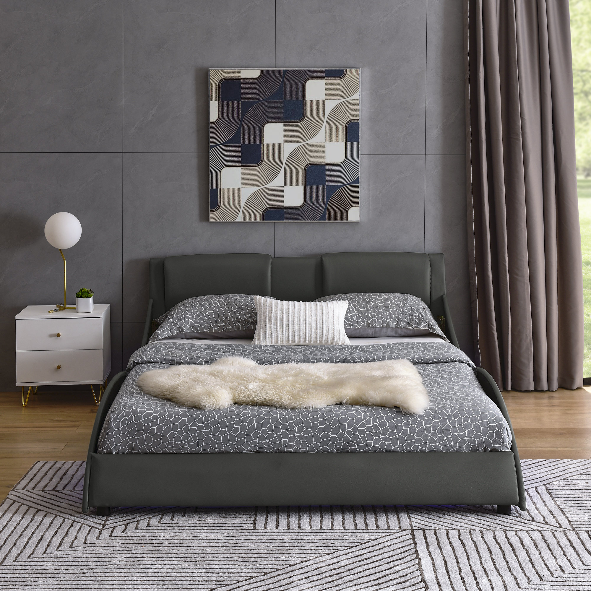 GZMWON Bed Frame Faux Leather Upholsted Platm Bed Frame With And