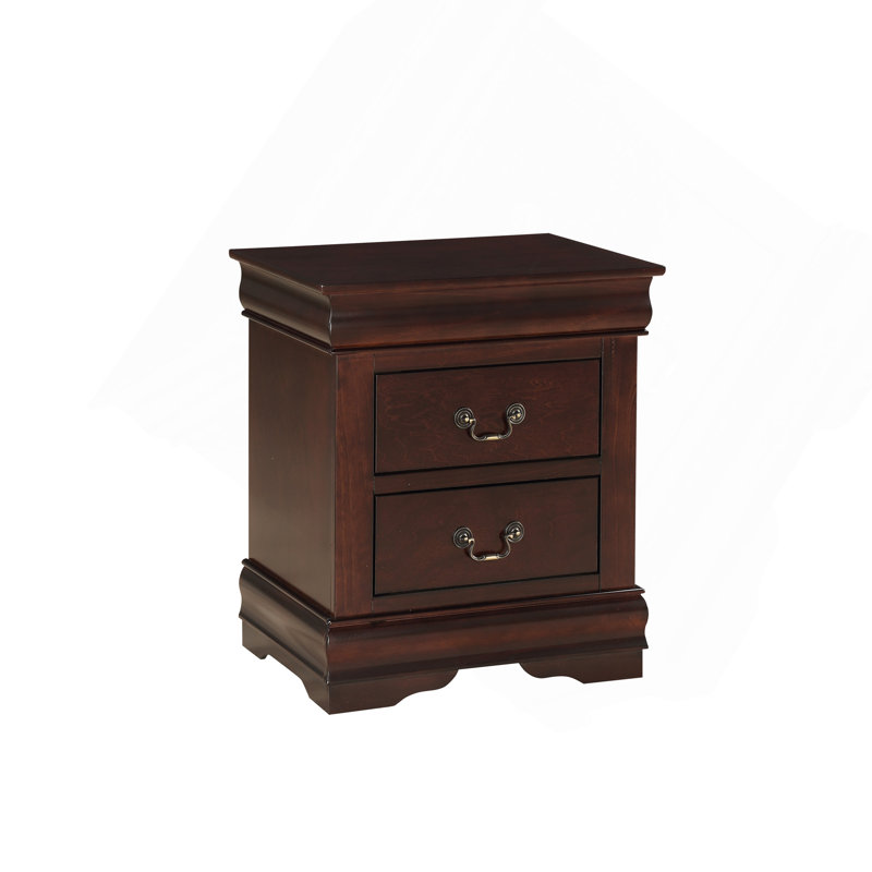 Table de chevet avec structure en bois massif, deux tiroirs, apparence gracieuse en bois, intérieur des tiroirs entièrement fini