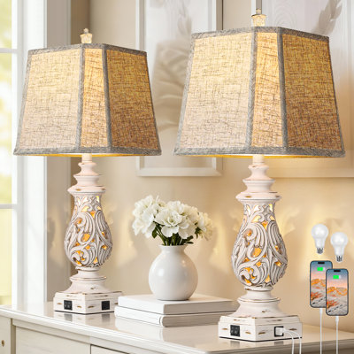 Ensemble de 2 lampes de table de ferme de 29 po, 2 lampes de chevet avec ports USB A + C et veilleuse pour le salon de la chambre à coucher, blanc antique (ampoules DEL incluses)