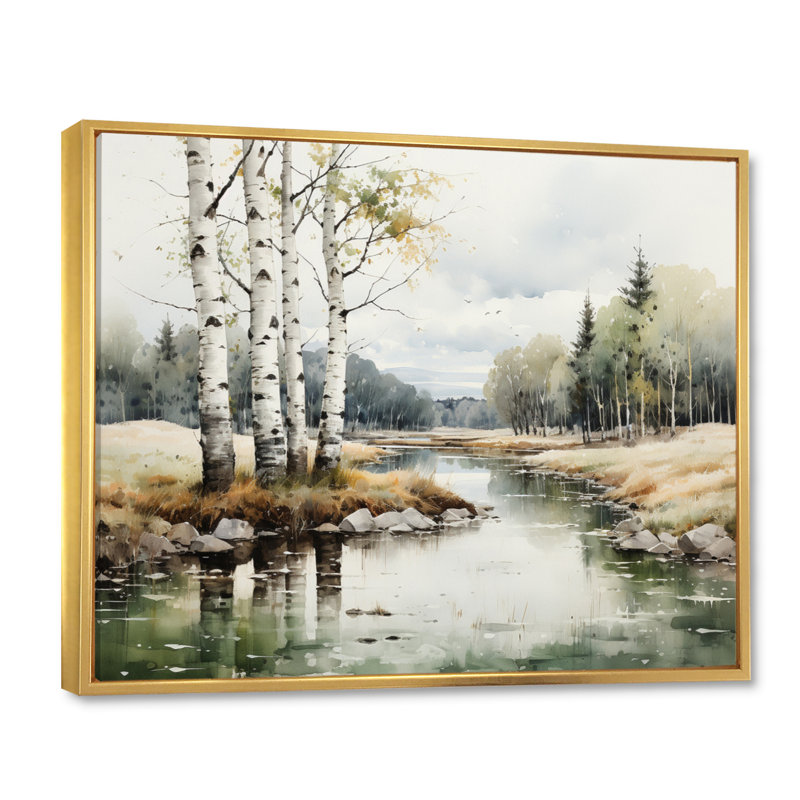 Birch Woods Birch Haven - Art mural de bouleau, H 30 po x l 40 po x P 1,5 po, Cadre flottant doré