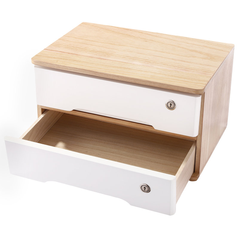 Boîte de rangement de bureau en bois à 2 niveaux avec tiroirs verrouillables, Naturel / Blanc