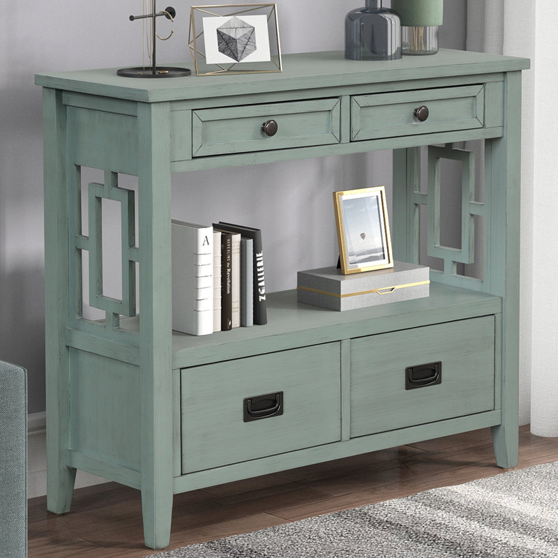 36" Wide 4 - Drawer Credenza Office Storage Cabinet With Open Storage, Retro Blue