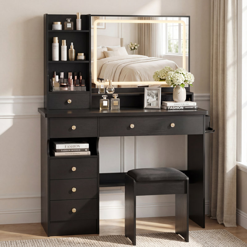 41" Vanity Table Set with Left Drawer Desk, LED Mirror, Charging Station, Hair Dryer Stand, and Cushioned Stool