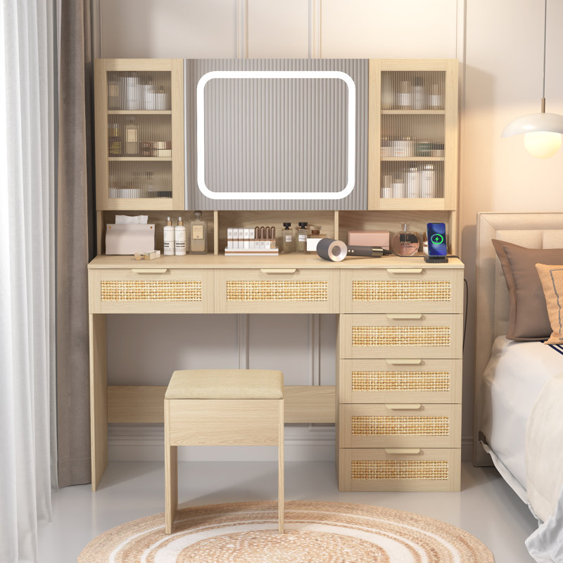 Grand ensemble de coiffeuse avec lumières, prise USB et prise de courant et 7 tiroirs
