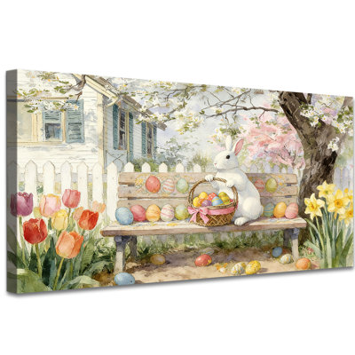 Lapin de Pâques, reproduction d'art sur toile, lapin avec panier sur banc de jardin, affiche de peinture d'oeufs fleurs printanières, art sur toile aquarelle rétro pour décoration murale Christian Home
