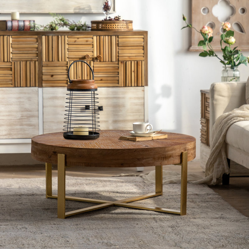Table basse ronde rétro avec plateau en bois de sapin et pieds croisés, 13.38" H x 31.29" W x 31.29" D, Walnut / Gold