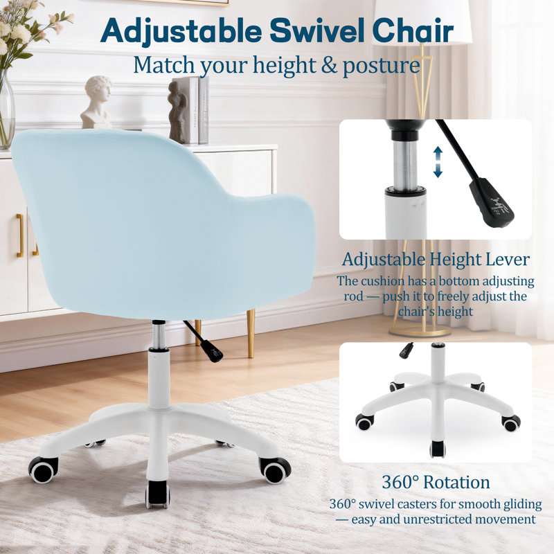 Office Chairs,360°Swivel Vanity Chair with Wheels，Adjustable Velvet Task Chair，Modern Desk Chair for Living Room，Office, Blue