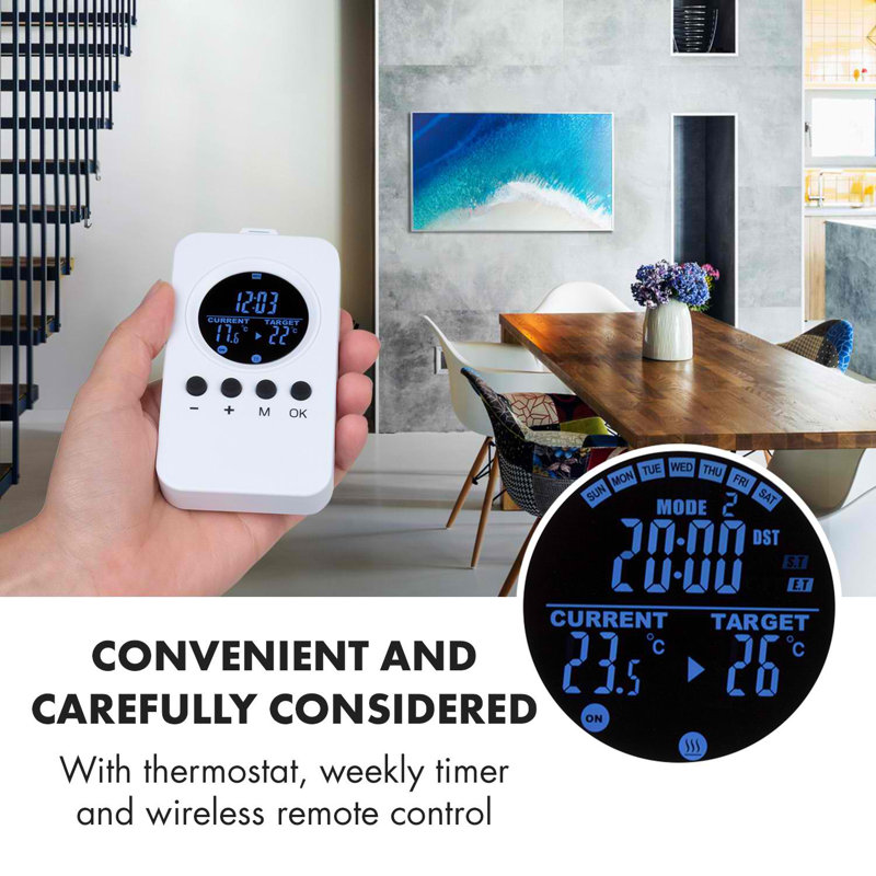 Klarstein Wonderwall 600 Watt 2046 BTU Electric High Efficiency Wall Mounted Space Heater with Adjustable Thermostat and with Digital Display