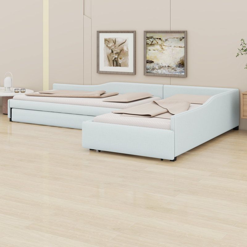 Upholstered Double Daybed With Trundle And Drawer, Beige