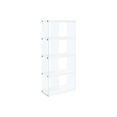 5 Tier Bookcase With Polished Handles, Glossy White And Glass Finish, Clear Glass, For Bedroom Office Decor
