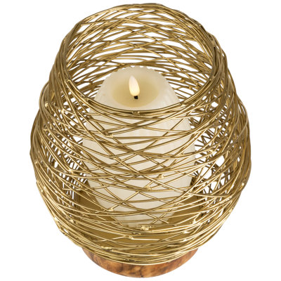 Medium Woven Iron Votive Candle Holder With Wooden Base - - Brass Finish