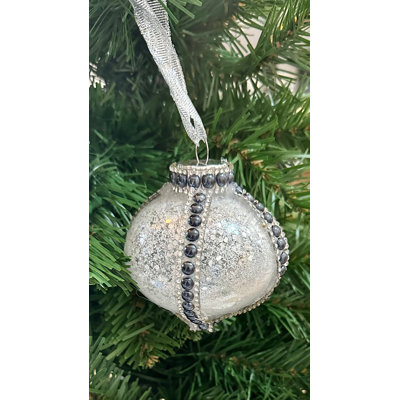 Stunning Snowy White Glittered Glam ornament embellished with Rhinestones and Dark Blue Pearls