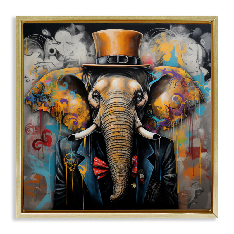 "Urban Graffiti Elephant Grey", art mural sur toile flottante par Lazar Studio, Cadre flottant métallique doré