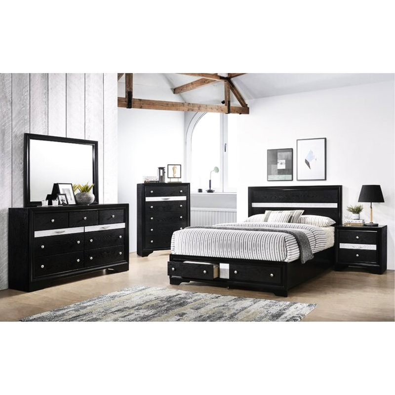 Table de chevet 2 tiroirs en bois noir - Accessoire de chambre à coucher élégant avec tiroirs pleine extension, Noir