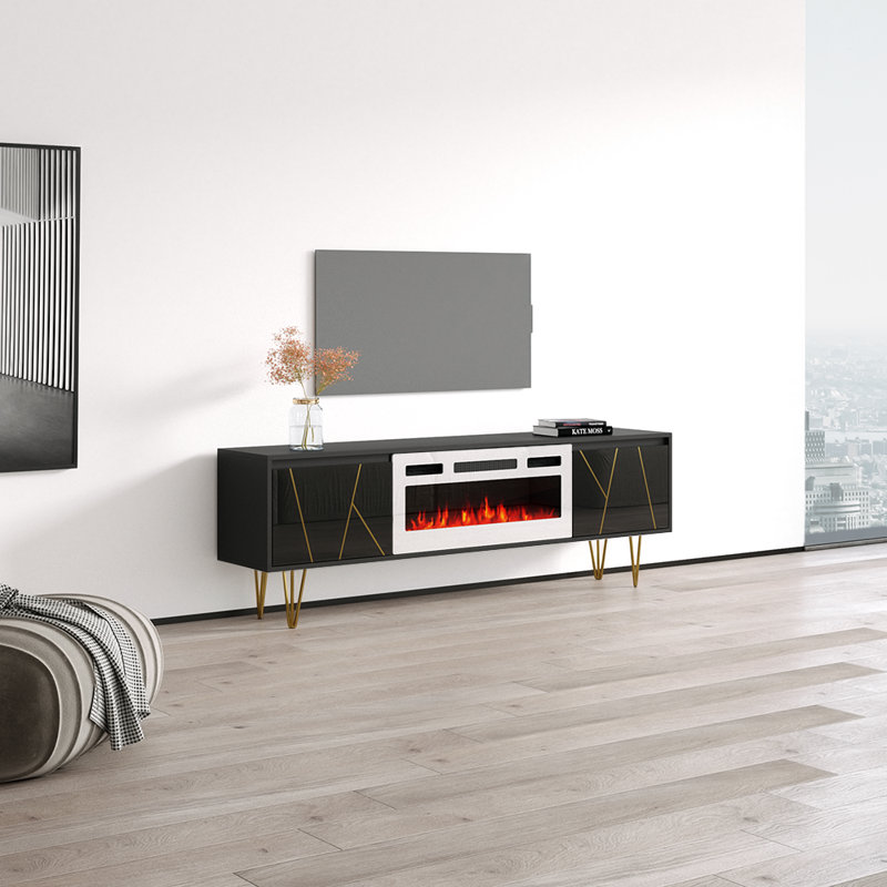 Galin 70.9" Modern TV Stand with Electric Fireplace, High Gloss Finish, Wall-Mounted, Black