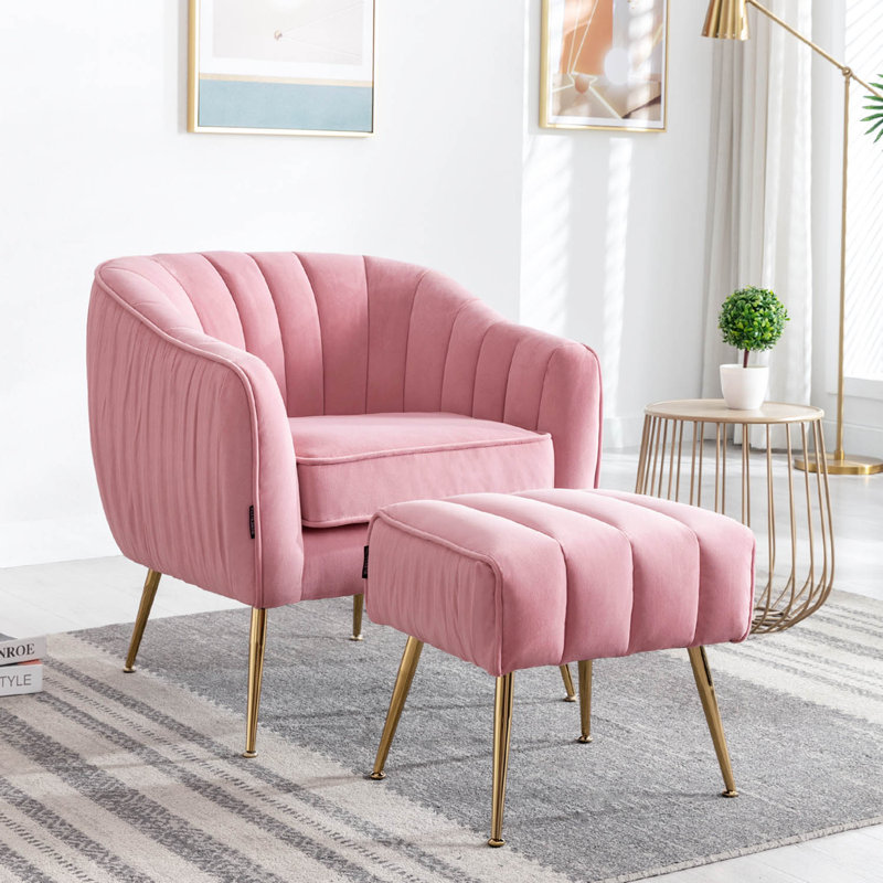 Fauteuil d'appoint avec repose-pieds, Velours rose