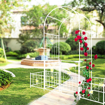 L'arche de barrière de jardin en métal crème blanc, 79,5 po x 86,6 po, améliore l'ambiance extérieure 79,5 po x 86,6 po avec barrière, ajoute du charisme