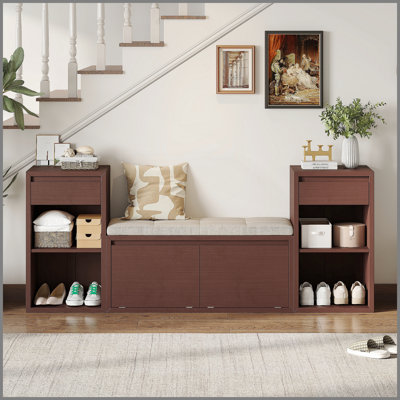 Banc de rangement tout-en-un avec coussin, compartiments, tiroirs et tablettes ouvertes, banc de rangement pour couloir, vestibule, salon (espresso)