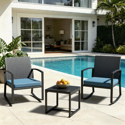  Rocking Patio Bistro Sets - All-Weather - 3 Piece Rattan Conversation Furniture Set, Wicker Outdoor Front Porch Chair for Balcony, Porch, Garden, Backyard, Poolside,Blue