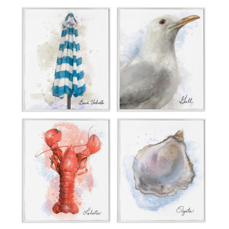 Ensemble de 4 giclées encadrées Honeybloom Coastal Beach Creatures, par Matthew Piotrowicz, H 14 po x l 11 po