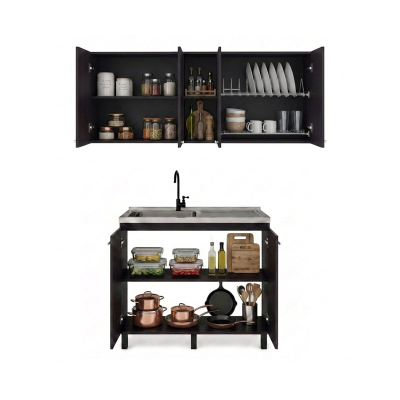 Meuble sous-évier 21,0 x 39,0 x 35,0 pouces, panneaux de particules, 2 pièces, brun, ensemble meuble haut et bas