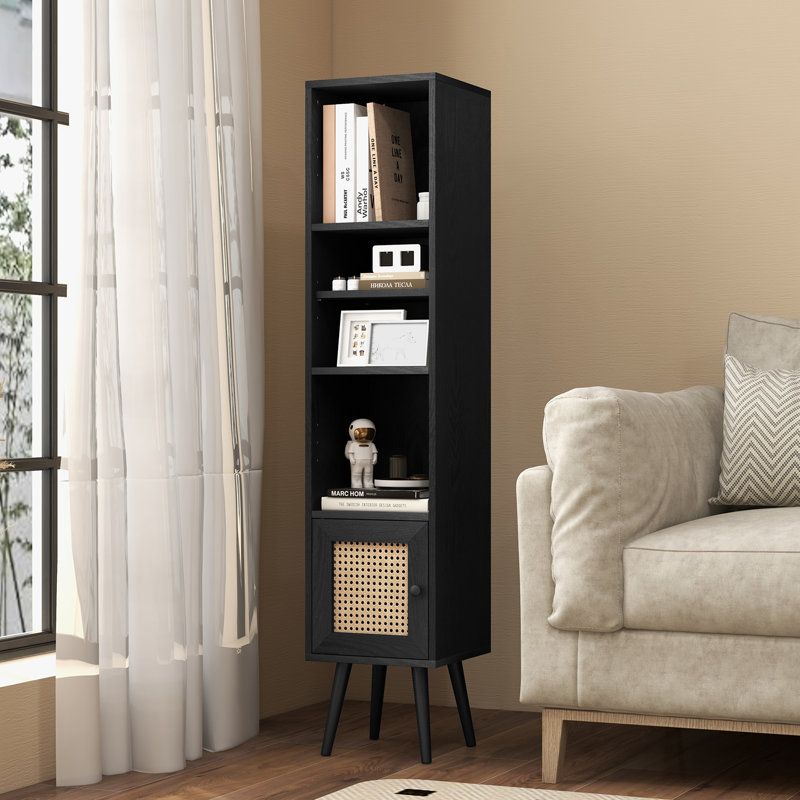 54'' H X 11.5'' W Slim Tall Rattan Storage Cabinet Boho Accent Bookshelf w/ Rattan Door 12-Position Adjustable Shelf, Black