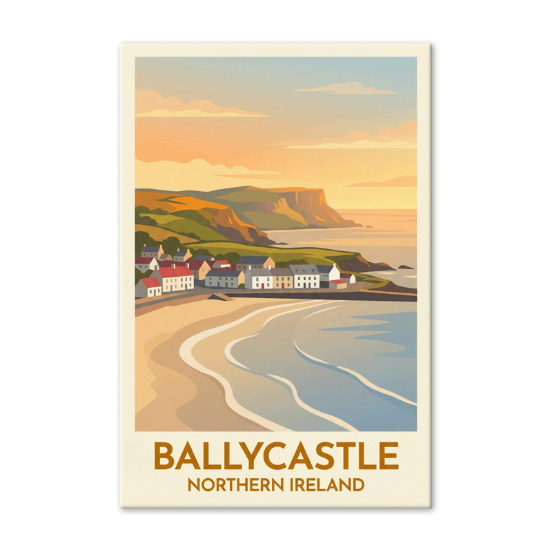 Ballycastle, Northern Ireland - Romantic Coastal Travel Poster Of The Causeway Coast. Giclee Print On Wrapped Canvas. Wall Art, Home Decor - Cities & Towns, Northern Ireland - Wrapped Canvas Print