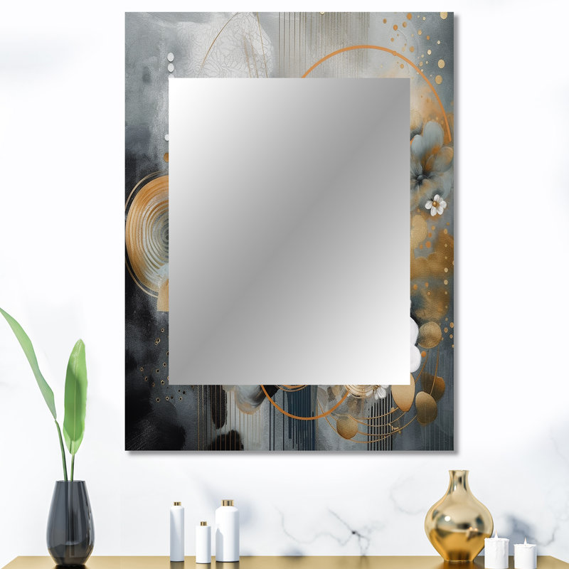 Golden Blue Silky Flower Design III - Floral Wall Mirror, Traditional Decorative Mirror, Printed Metal Art, 40" x 30"