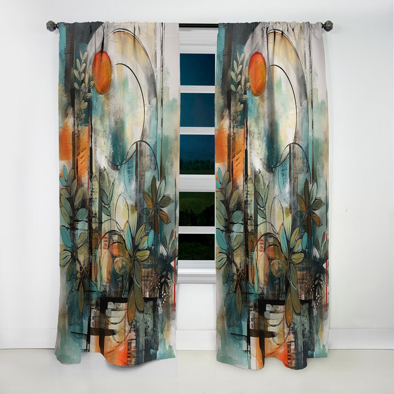 Rideau occultant géométrique abstrait orange et vert Bohemia II - Boho Feather, L 52 po x L 95 po