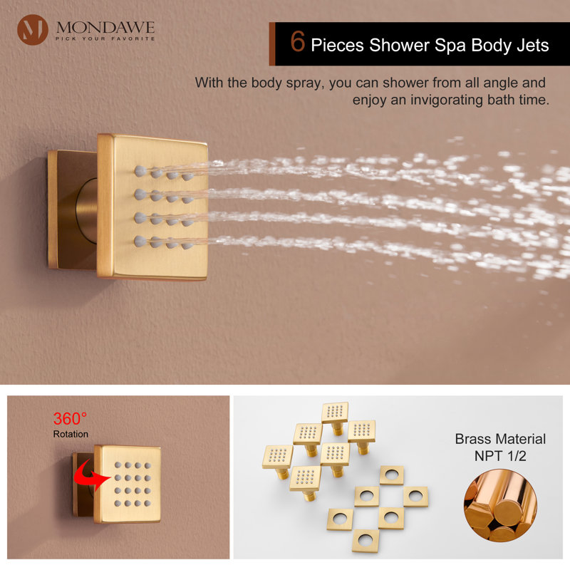 Brushed Gold Dual Square Wall Mounted Shower System with Body Jets