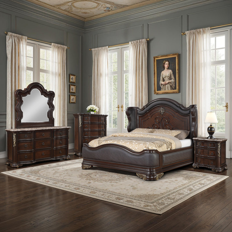 Faxon Bedroom Set in Dark Walnut, King, 5 Pcs: Bed,2 Nightstand,Dresser,Mirror
