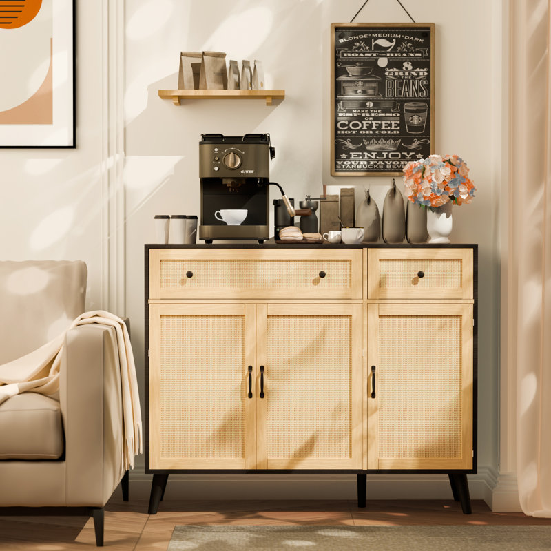 Aracelis Black and Natural Rattan Sideboard Cabinet with Storage