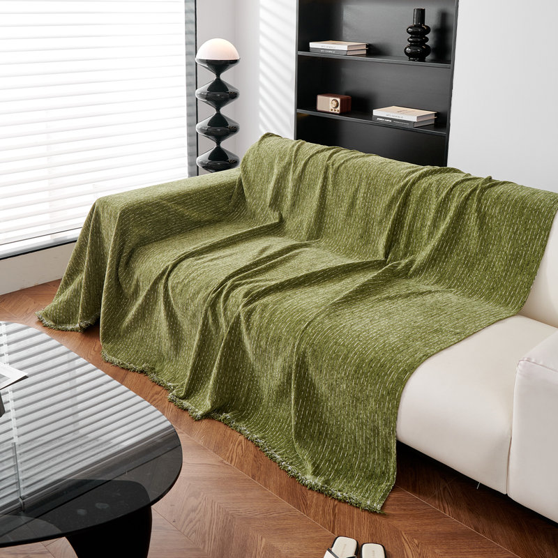 Housse pour canapé à rayures fines multicolores en chenille classique, H 71 po x l 118 po x P 0,1 po, Chenille vert olive