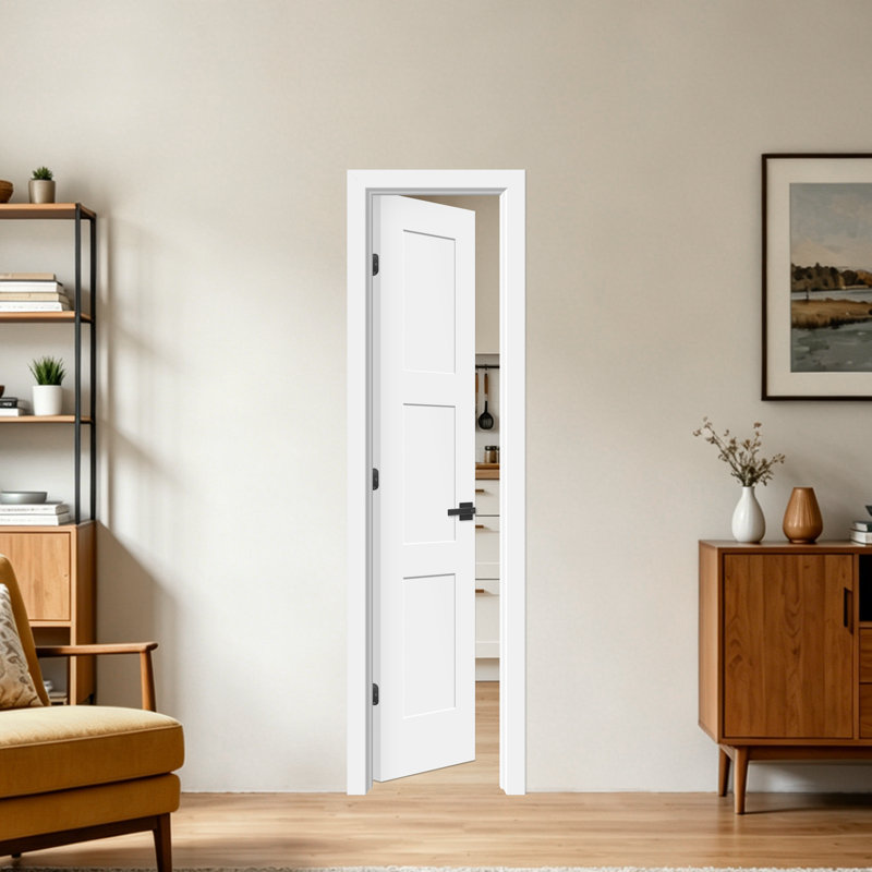 Porte intérieure pré-montée, design à 3 panneaux Shaker, apprêté blanc, noyau solide, avec montants, charnières en nickel noir ou satiné et trous de serrure pré-percés