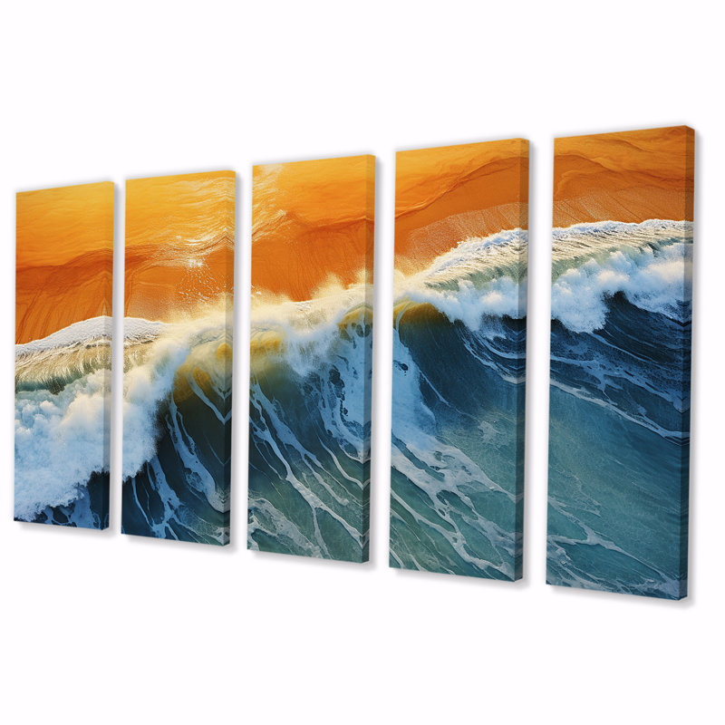 Bleu et orange plage vue aérienne V - plage côtière, art mural 5 pièces, H 32 po x l 80 po