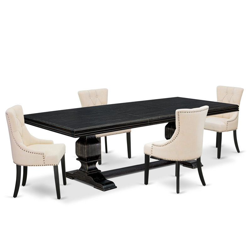 5-piece kitchen table set consists of a dining table & 4 Light Beige Linen Fabric dining chairs & black legs with Button Tufted Back - Sand Blasting Black finish.