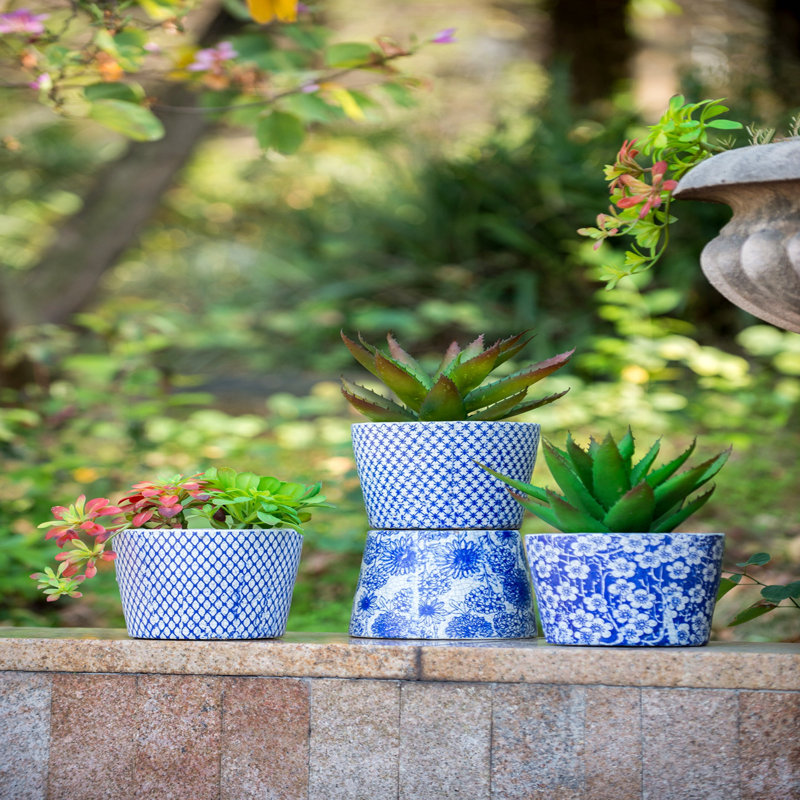 Ensemble de 4 pots de fleurs en terre cuite D7.5X6, bleu blanc vieilli