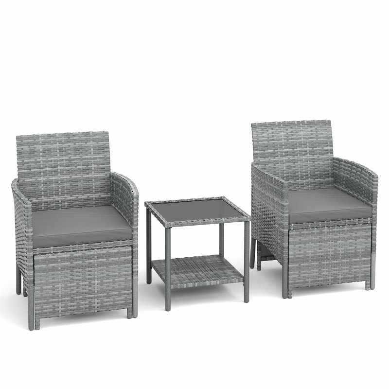 Ensemble de conversation pour 2 personnes en osier avec repose-pieds et table basse, Osier gris, Gris