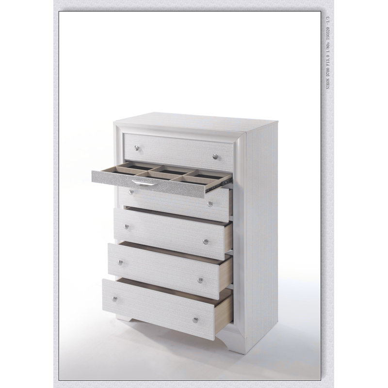 Naima White Finish Chest With Spacious Drawers And Jewelry Organizer For Modern Bedrooms, White