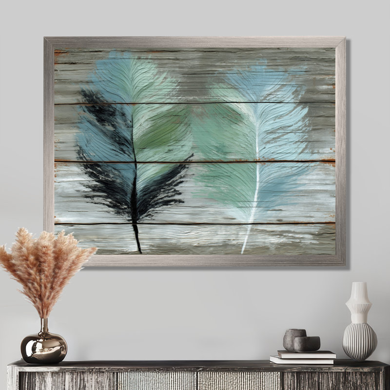«Boho Wood Texture Feather», reproduction d'art sur toile encadrée, art mural Boho vert, H 12 po x l 20 po, Argent argent
