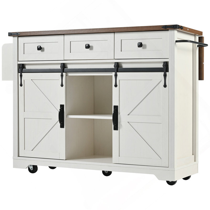 53.7" Farmhouse Kitchen Island With Power Outlet, 2 Sliding Barn Door Kitchen Storage Island With Drop Leaf, Spice Rack Rolling Kitchen Cart On Wheels, For Home, Kitchen And Dining Room, White