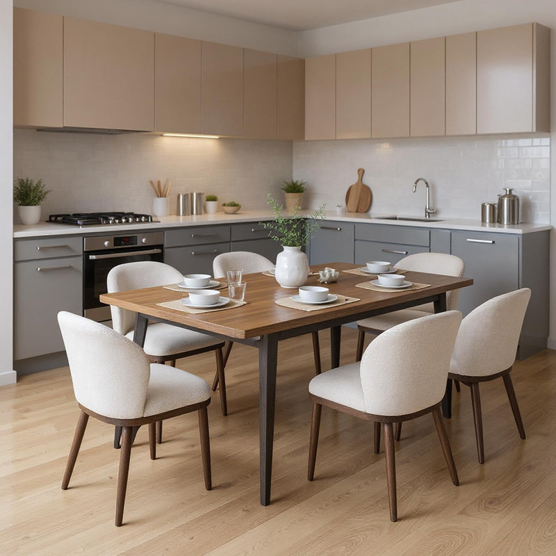 Ensemble de 6 chaises de salle à manger rembourrées avec dossier ergonomique et pieds en bois, Beige Linen, Beige Linen