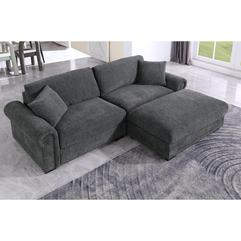 91" Modular Loveseat Sofa Couch with Movable Ottoman, Dark Gray