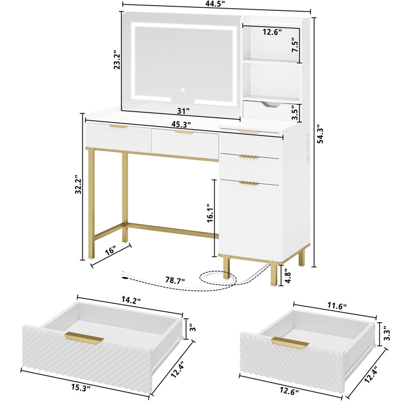 45.3’’L Modern Style Vanity Desk With Mirror, LED Lights And Power Outlet, Bedroom Makeup Vanity Table With Storage Cabinet And 4 Drawers