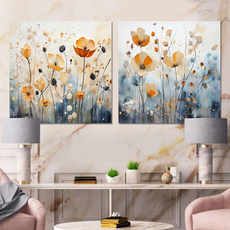 «Beige Minimalist Blossoms - Abstract Botanicals Square», ensemble de 2 collages carrés, Toile tendue, H 30 po x l 61 po