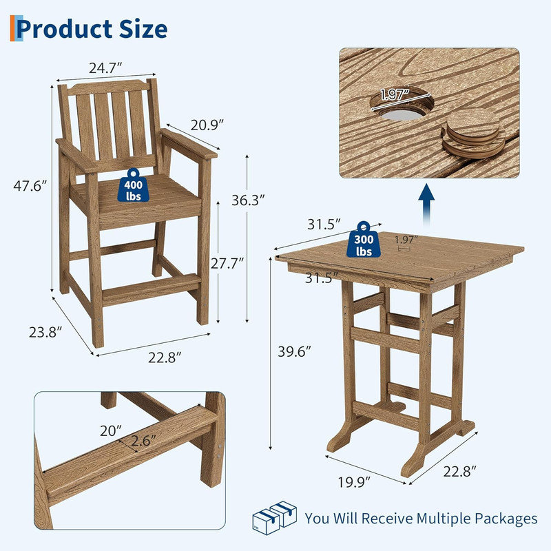 Ensemble de bar 5 pièces Adirondack pour l'extérieur - table de patio en PEHD avec 4 chaises de bar, trou pour parasol au bord de la piscine