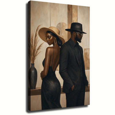 Elegant Black Couple Portrait Canvas Wall Art, Neutral Beige Boho Black Man Woman Fashion Figure Painting for Modern Glam Bedroom Entryway Decor