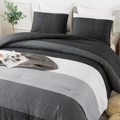Ensemble d'édredon pleine grandeur Andency, 3 pièces d'édredon rayé patchwork noir blanc gris (79 x 90 pouces), édredon en duvet synthétique en microfibre douce avec boucles de coin