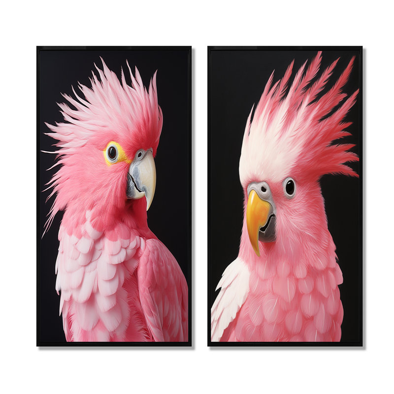 Perroquet rose au paradis I - ensemble de 2 impressions sur toile perroquet, Cadre noir, H 40 po x l 41 po