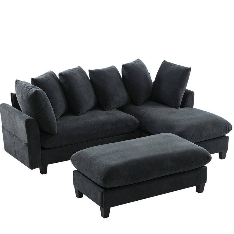 Canapé modulaire en forme de L noir avec rangement caché sous les sièges, mobile pour les invités et la détente, rangement latéral, coussins confortables, six coussins moelleux pour la maison, détente de 83 po, poches, courbes ergonomiques,
